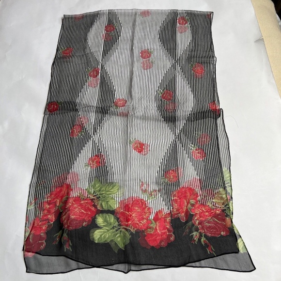 100% Silk Scarf Red Roses Black & White Stripes 21" x 70" Floral - Picture 1 of 7